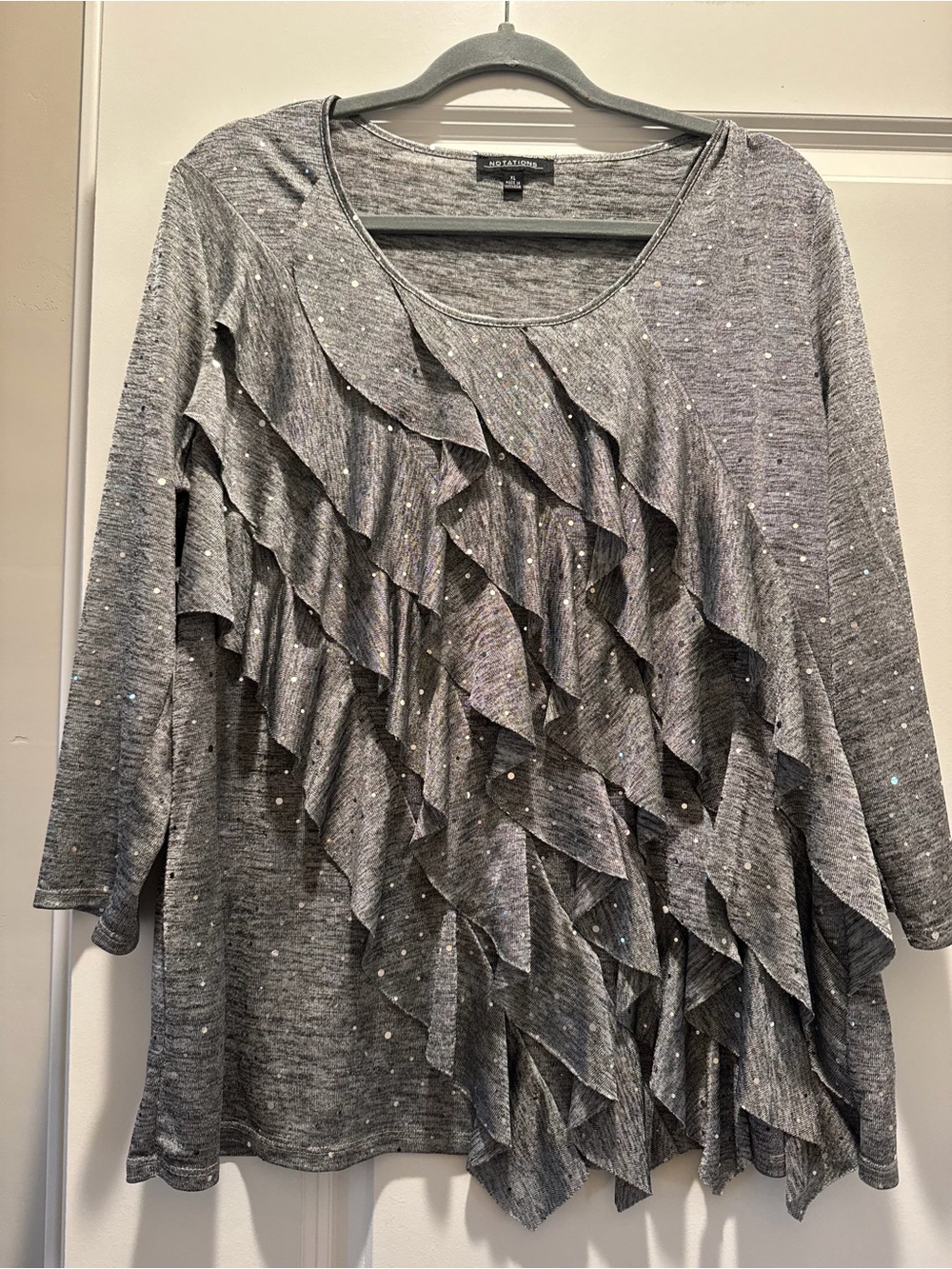 Notations Gray Ruffle Sequin Long Sleeve Top